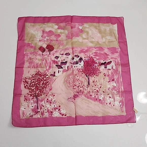 Pink Tan White Cream Countryside Print 100% Polyester Scarf - Picture 5 of 7